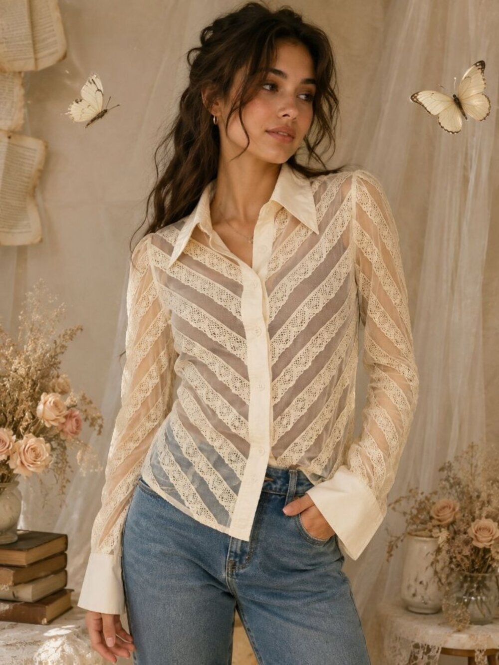 Zba Cream vintage Y2K semi-sheer lace and mesh chevron-striped button-up blouse